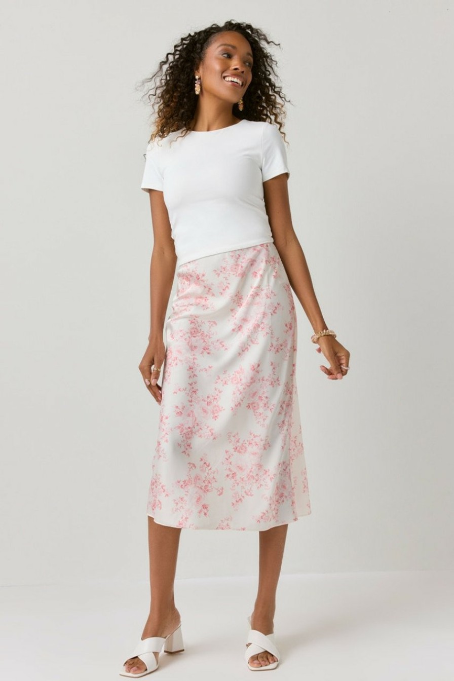 Francesca's Carole Floral Satin Midi Skirt Ivory Skirts