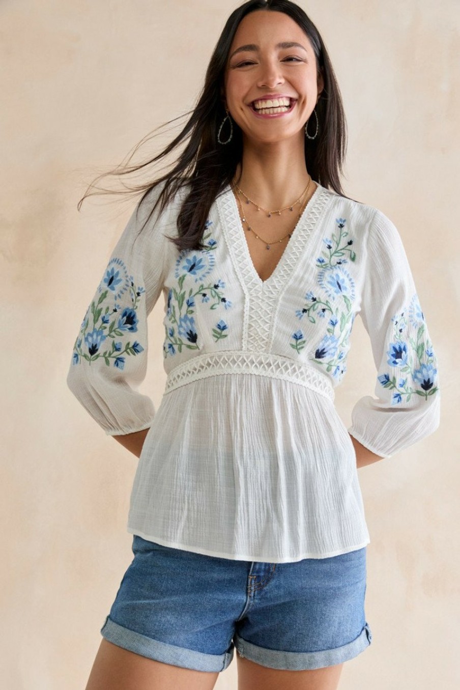 Francesca's Allison Embroidered Bow Back Blouse White Tops