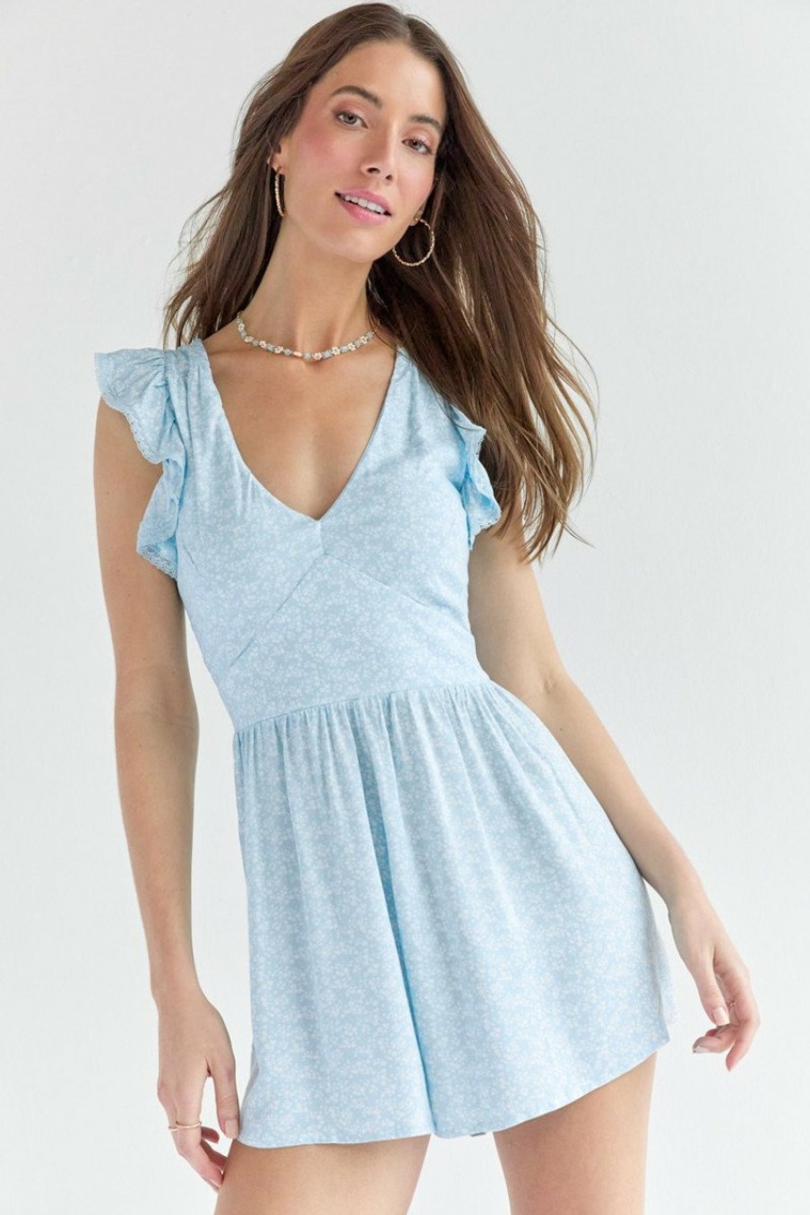 Francesca's Penelope V Neck Waisted Romper Baby Blue Dresses