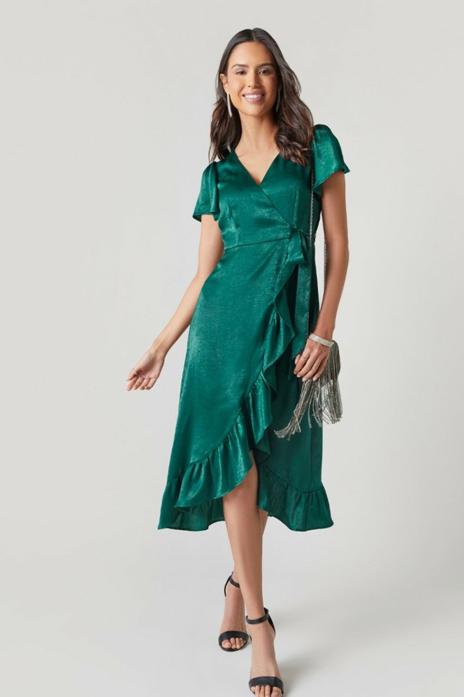 Francesca's Emma Satin Wrap Midi Dress Dresses