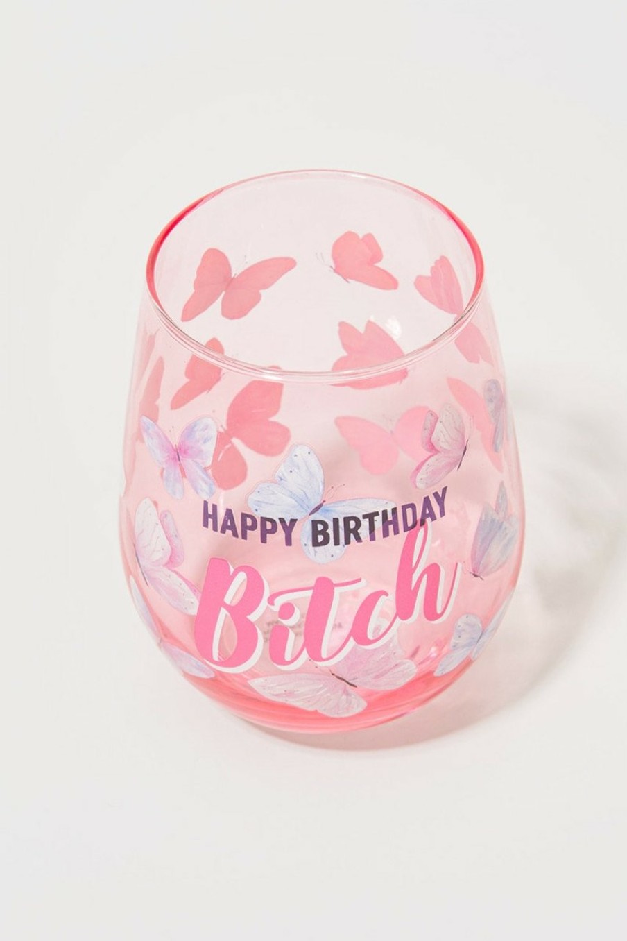 Francesca's Happy Birthday B*Tch Butterfly Stemless Wine Glass 22Oz Multi Drinkware