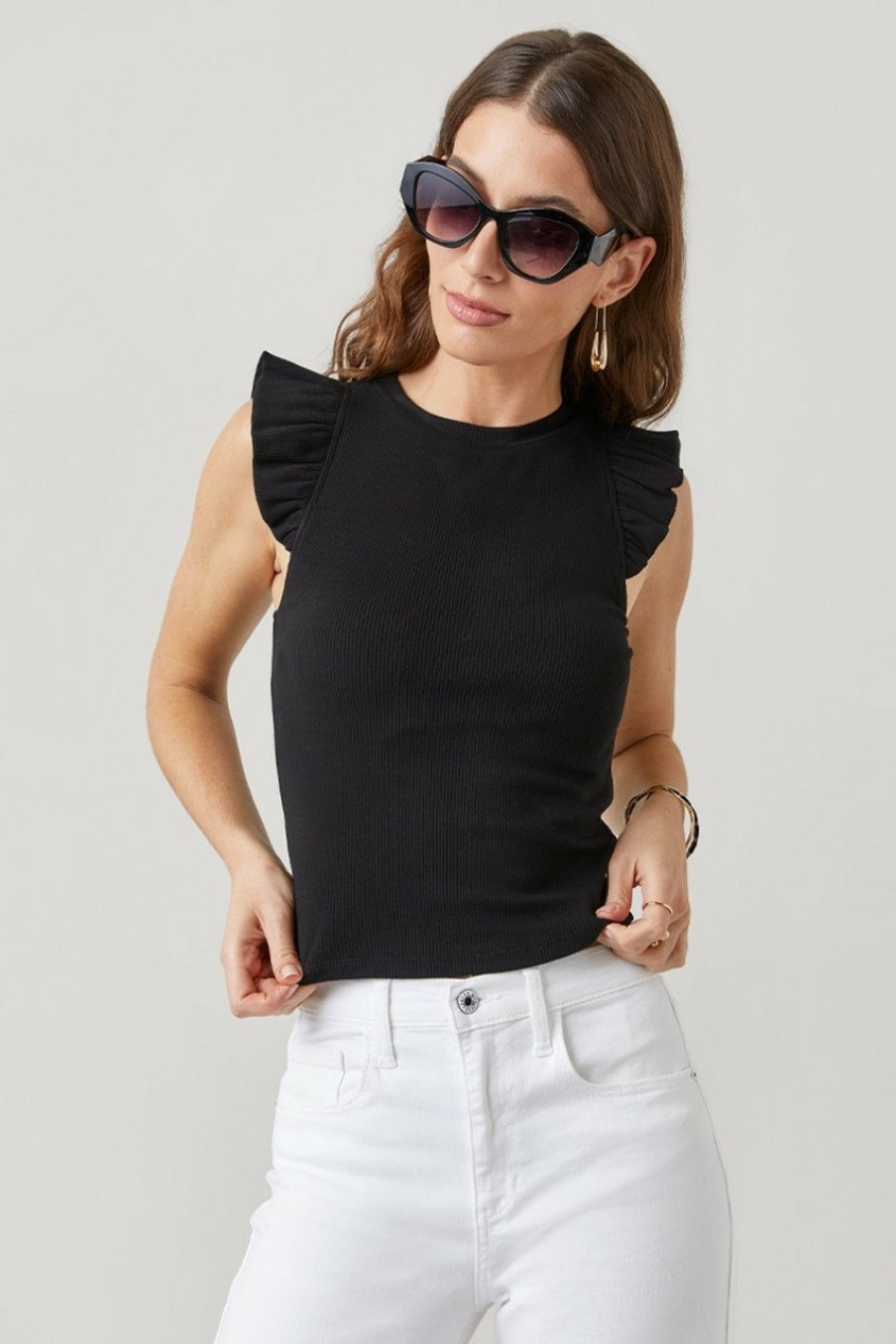 Francesca's Ella Flutter Sleeve Rib-Knit Top Tops