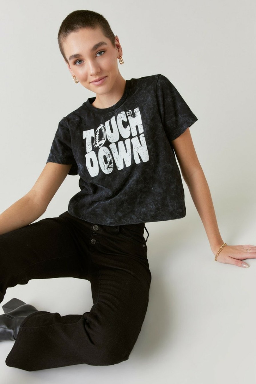 Francesca's Touchdown Acid Wash Graphic Tee Charcoal Tops