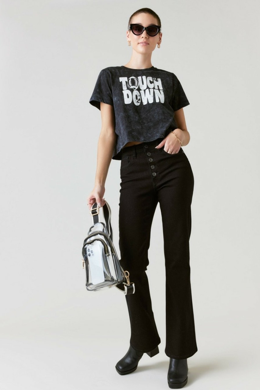 Francesca's Touchdown Acid Wash Graphic Tee Charcoal Tops