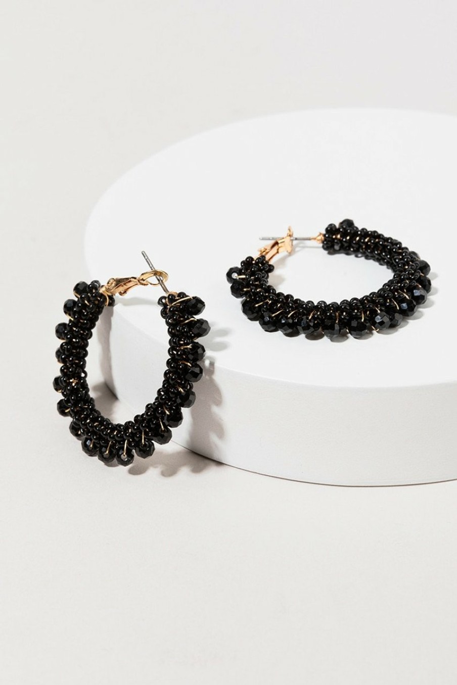 Francesca's Lee Woven Bead Medium Hoop Earrings Black Earrings