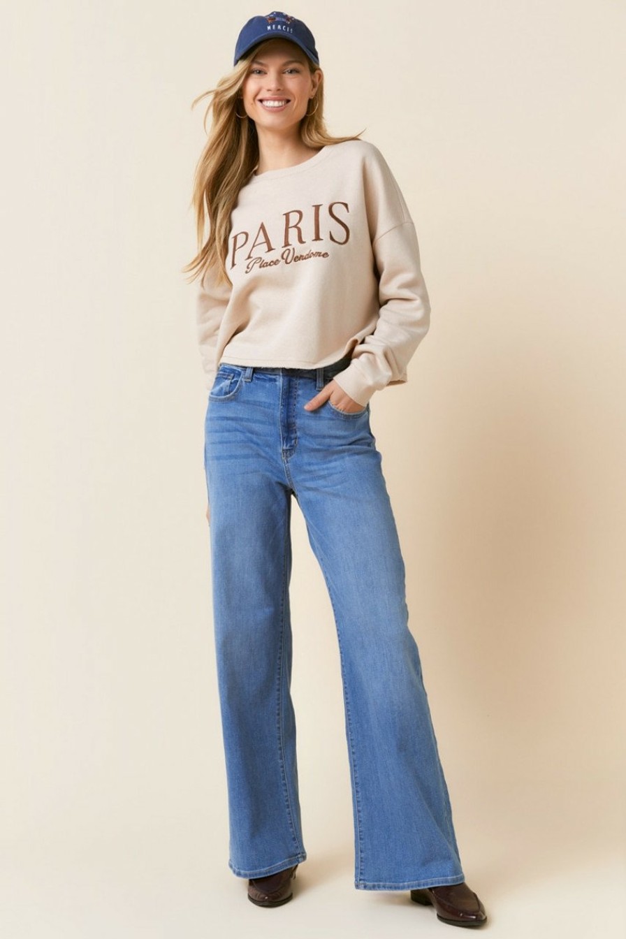 Francesca's Paris Embroidered Fray Hem Sweatshirt Taupe Tops