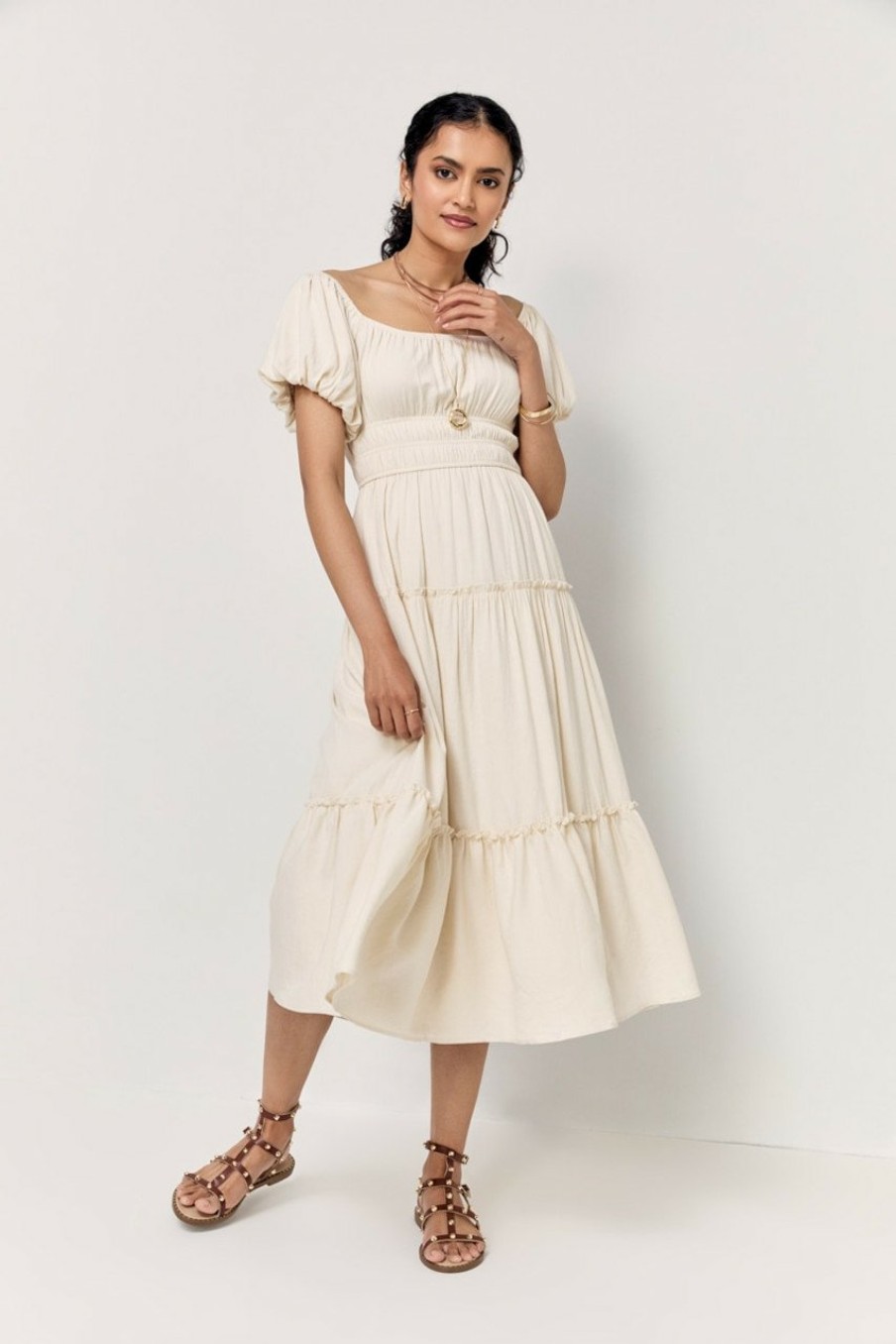 Francesca's Emma Puff Sleeve Tiered Midi Dress Dresses