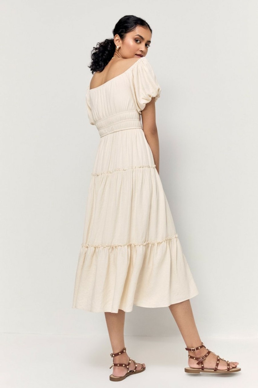 Francesca's Emma Puff Sleeve Tiered Midi Dress Dresses