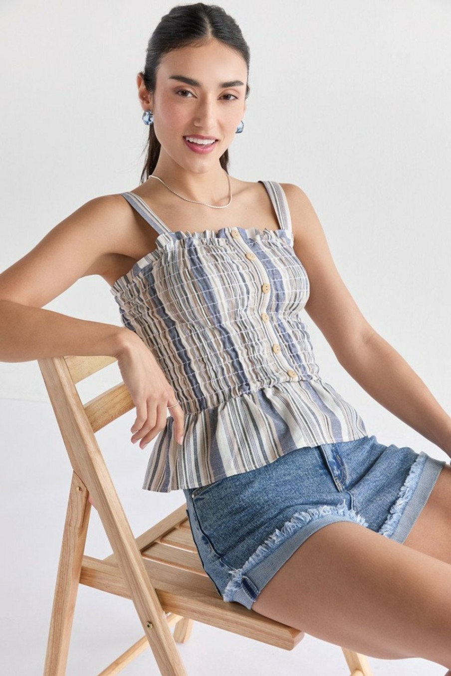 Francesca's Robin Front Button Striped Top Blue Tops