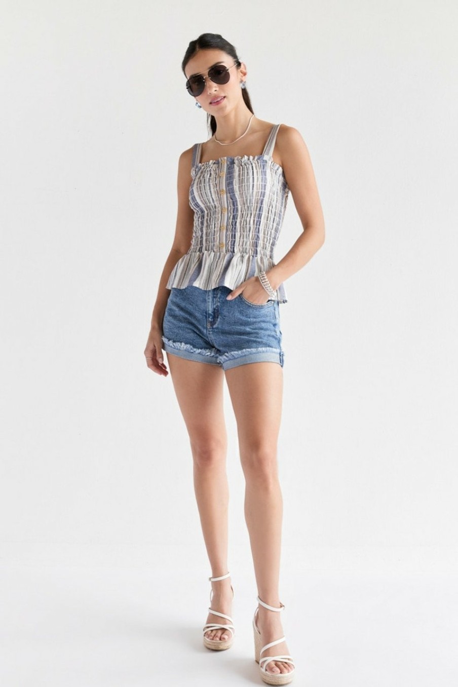 Francesca's Robin Front Button Striped Top Blue Tops