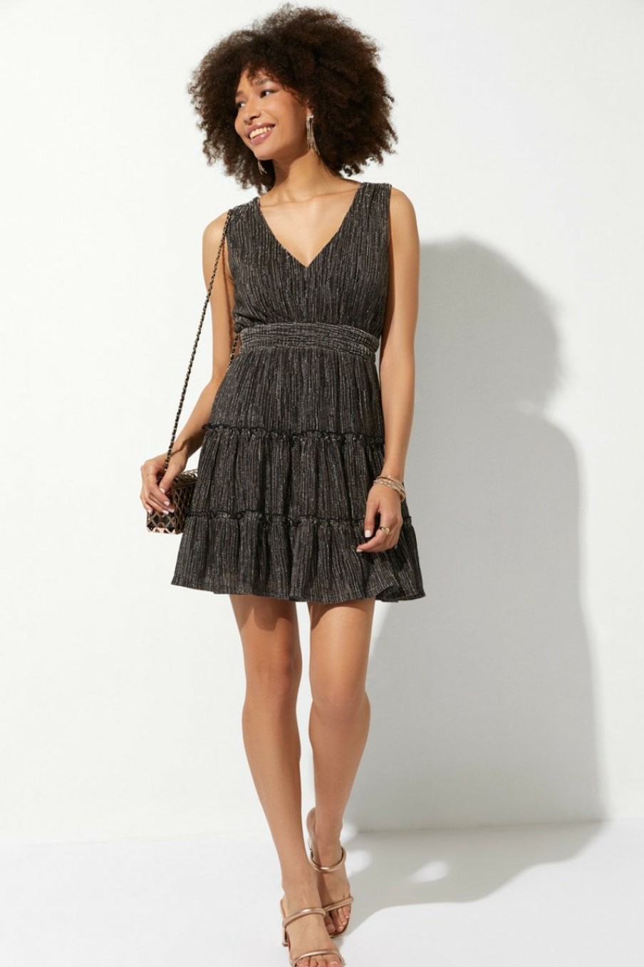 Francesca's Isabel Tiered Shimmer Flippy Dress Black Dresses