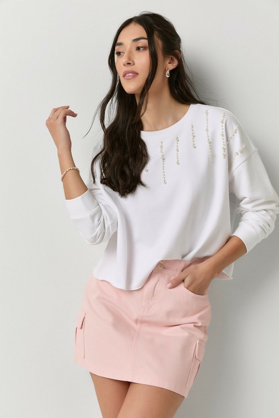 Francesca's Theresa Pearl Embellished Sweatshirt Tops