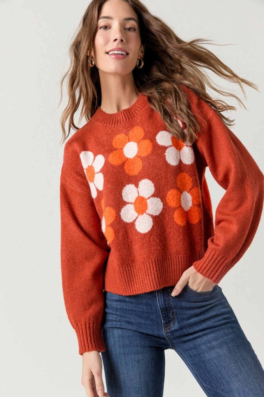 Francesca's Daisy Crew Pullover Red Tops