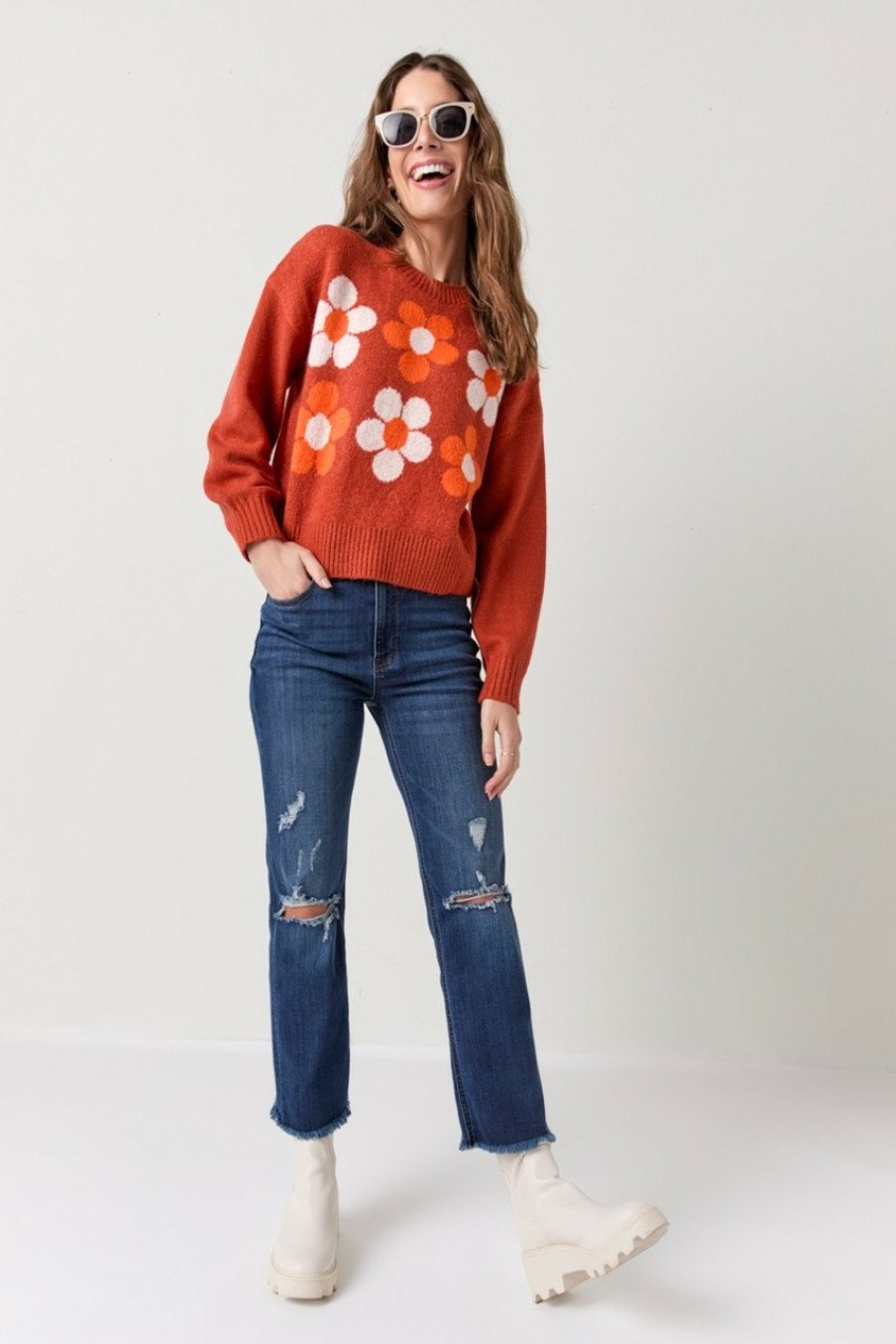 Francesca's Daisy Crew Pullover Red Tops