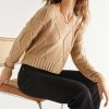 Francesca's Nikki V Neck Cable Front Pullover Taupe Tops