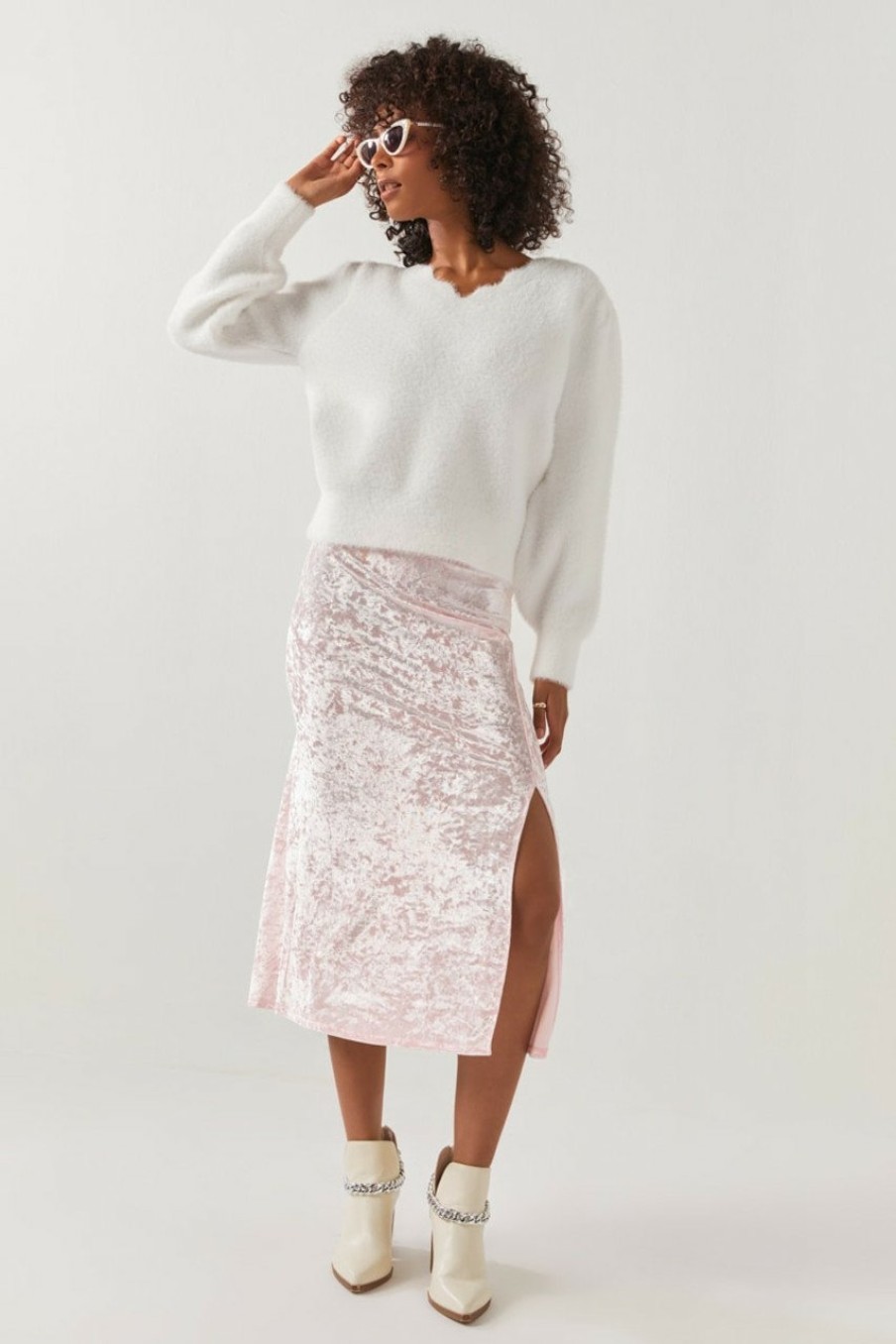 Francesca's Shannon Velvet Fitted Midi Skirt Pink Skirts