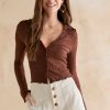 Francesca's Minnie Bubble Knit Button Down Top Brown Tops