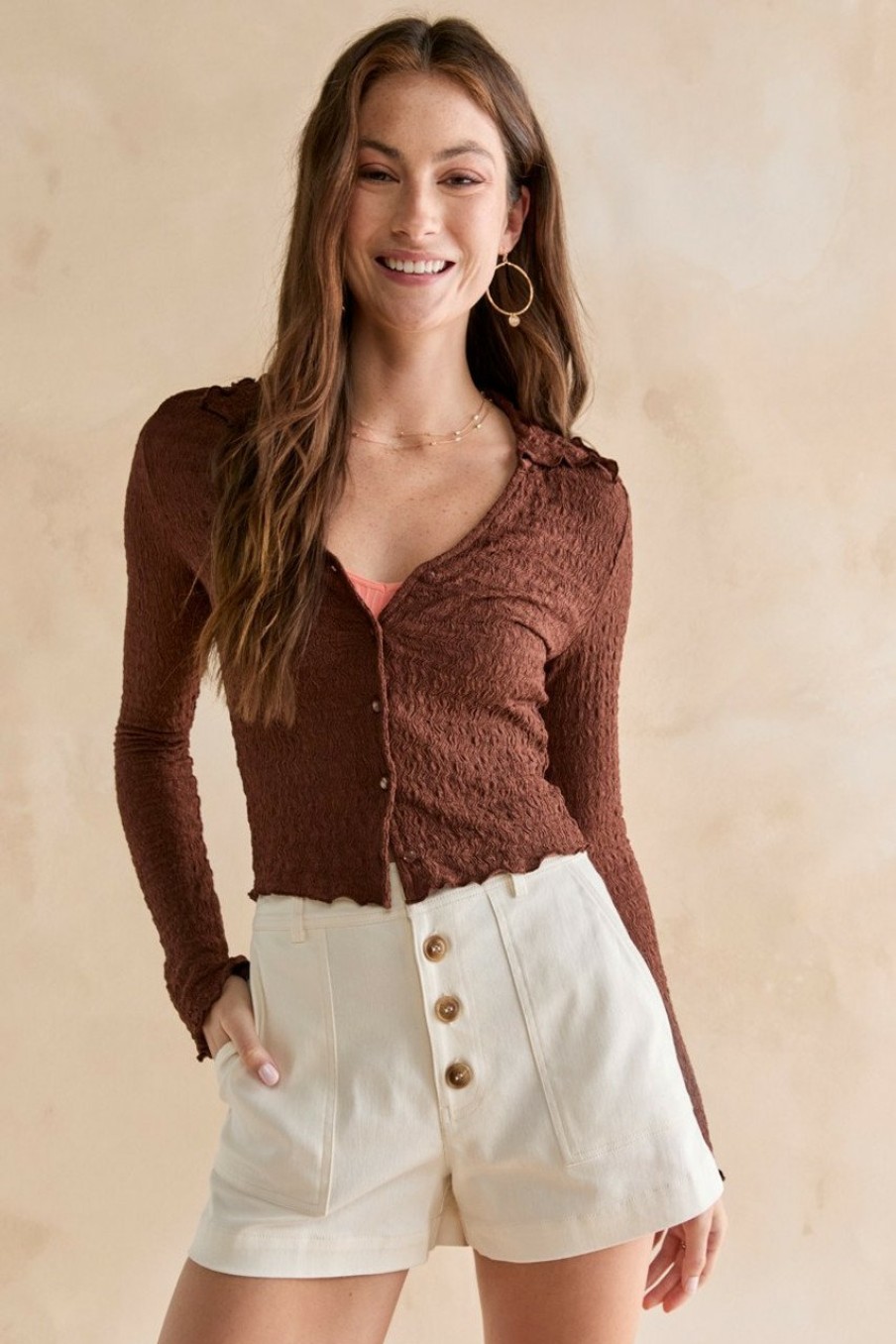 Francesca's Minnie Bubble Knit Button Down Top Brown Tops