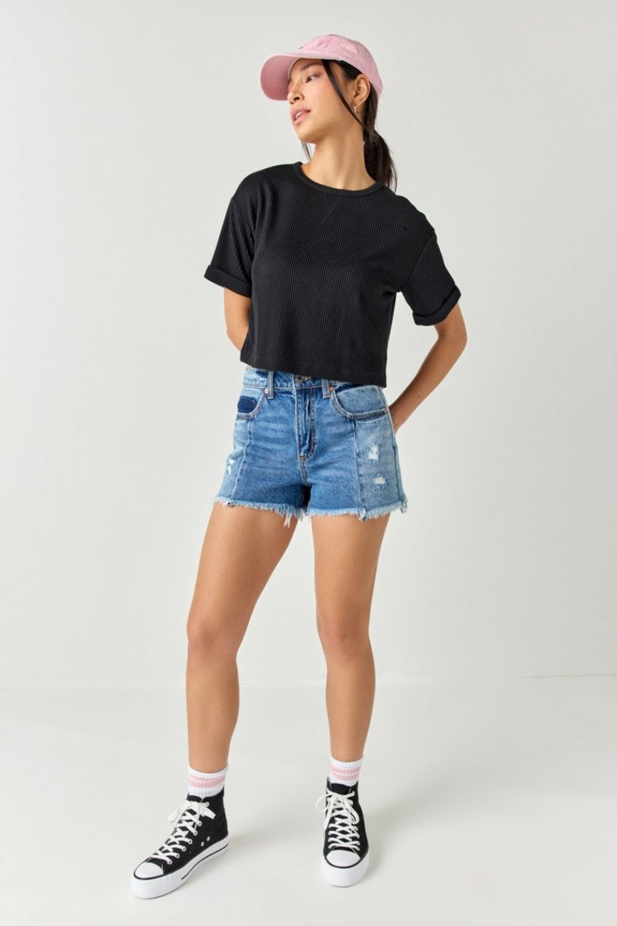 Francesca's Val Destructed Frayed Hem Denim Shorts Medium Shorts