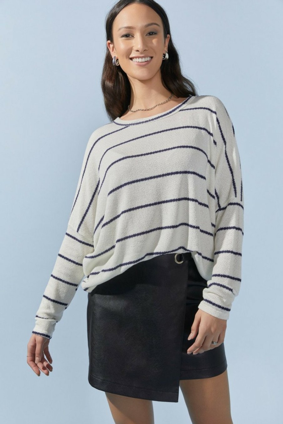 Francesca's Bridget Striped Knitted Dolman Top White Tops