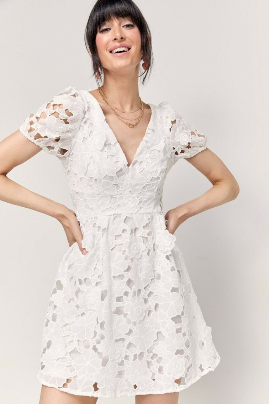 Francesca's Sylvia Floral Lace Waisted Dress White Dresses