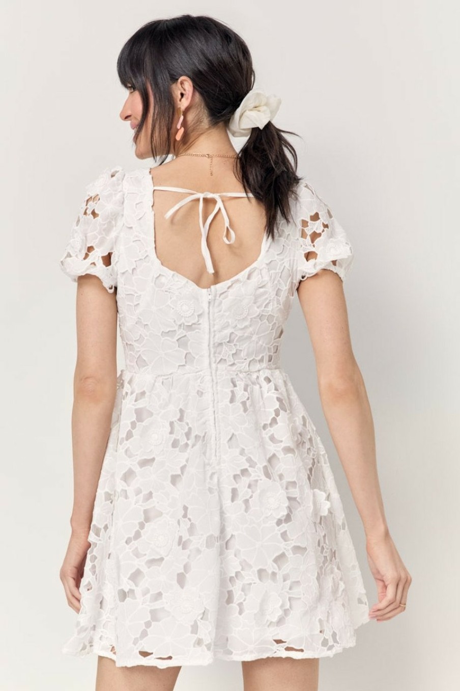 Francesca's Sylvia Floral Lace Waisted Dress White Dresses