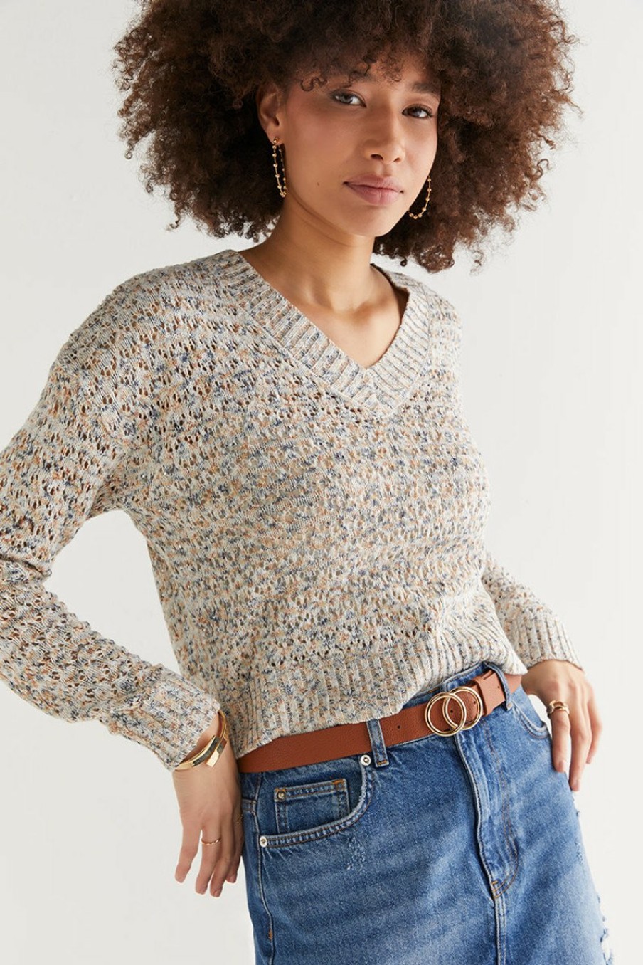 Francesca's Kristin Yarn Knit Pullover Sweater Multi Tops