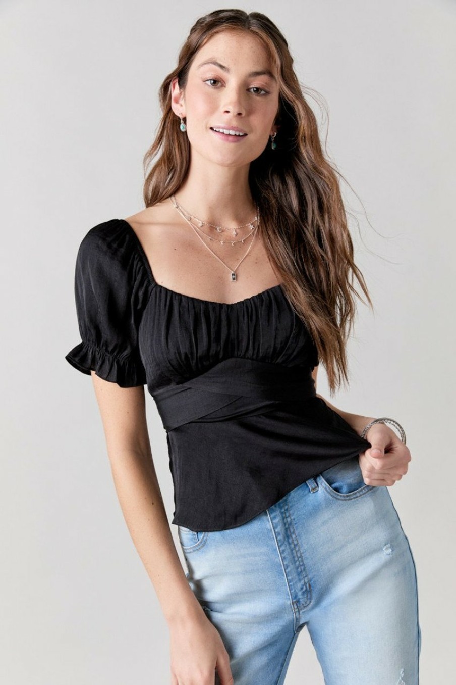 Francesca's Marjorie Satin Tie Back Blouse Tops