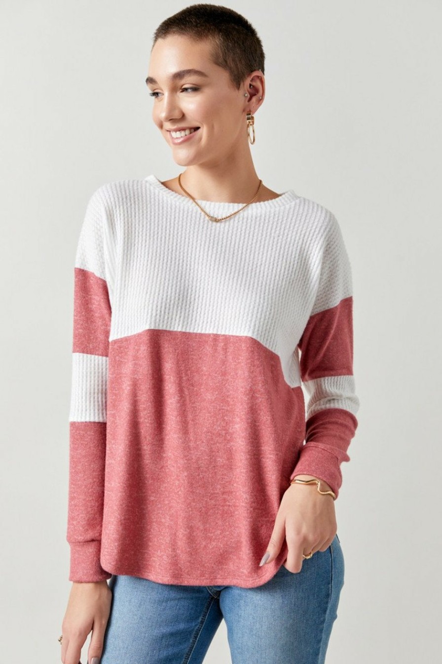 Francesca's Lane Long Sleeve Waffle Knit Tee Pink Tops