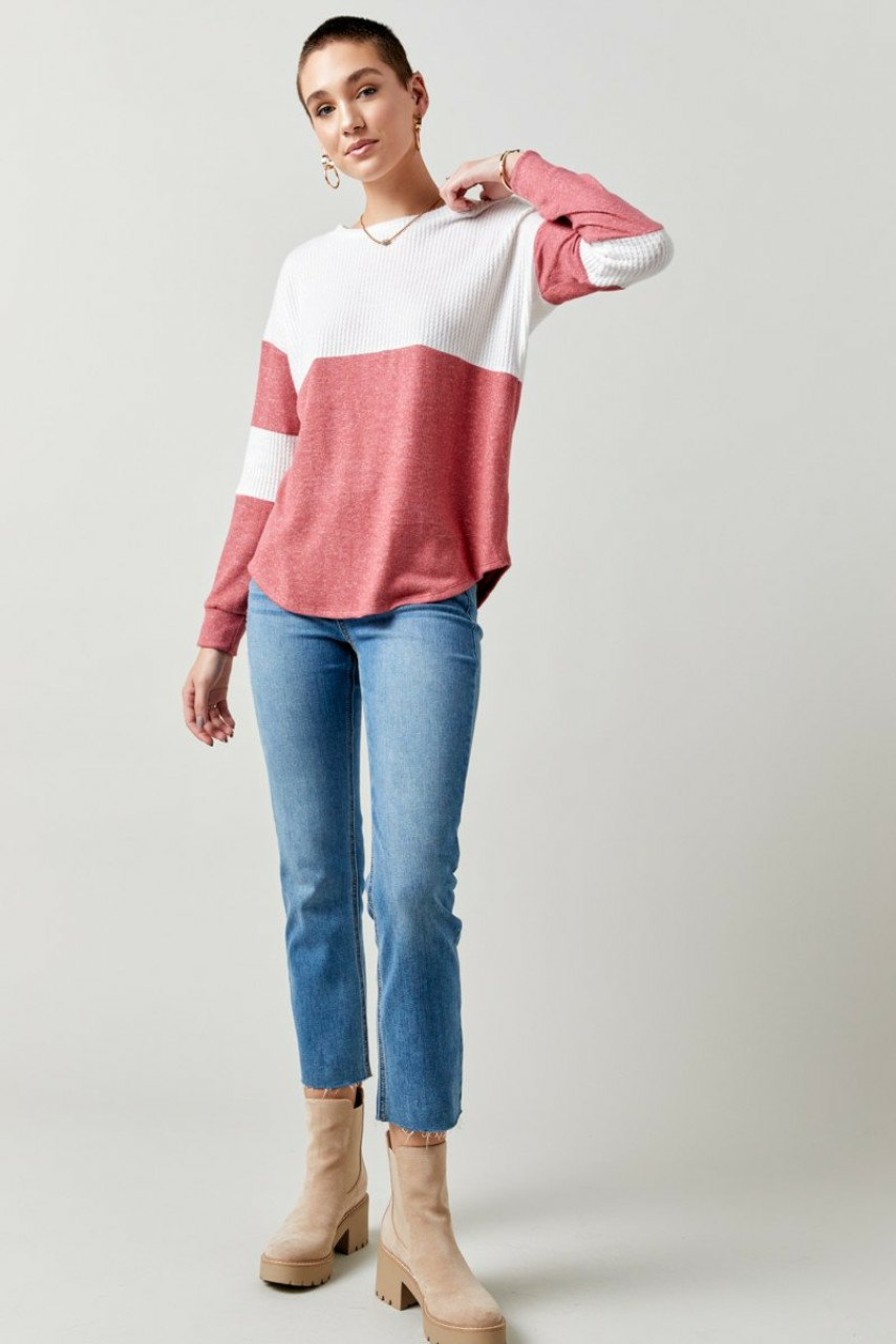 Francesca's Lane Long Sleeve Waffle Knit Tee Pink Tops