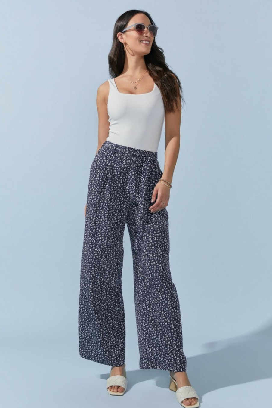 Francesca's Deena Floral Tie Waist Pants Navy Pants