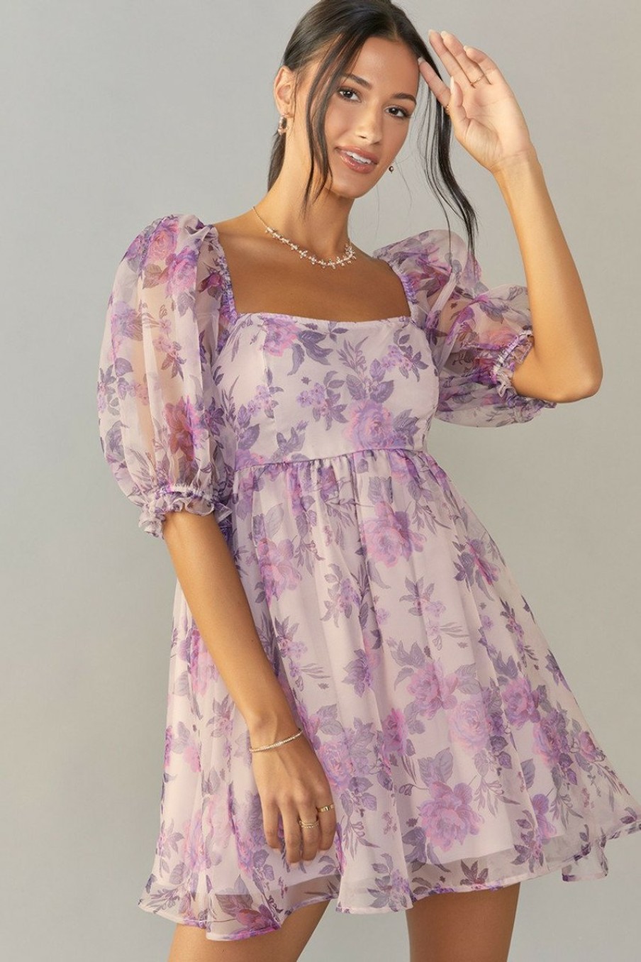 Francesca's Penelope Floral Organza Babydoll Mini Dress Lavender Dresses