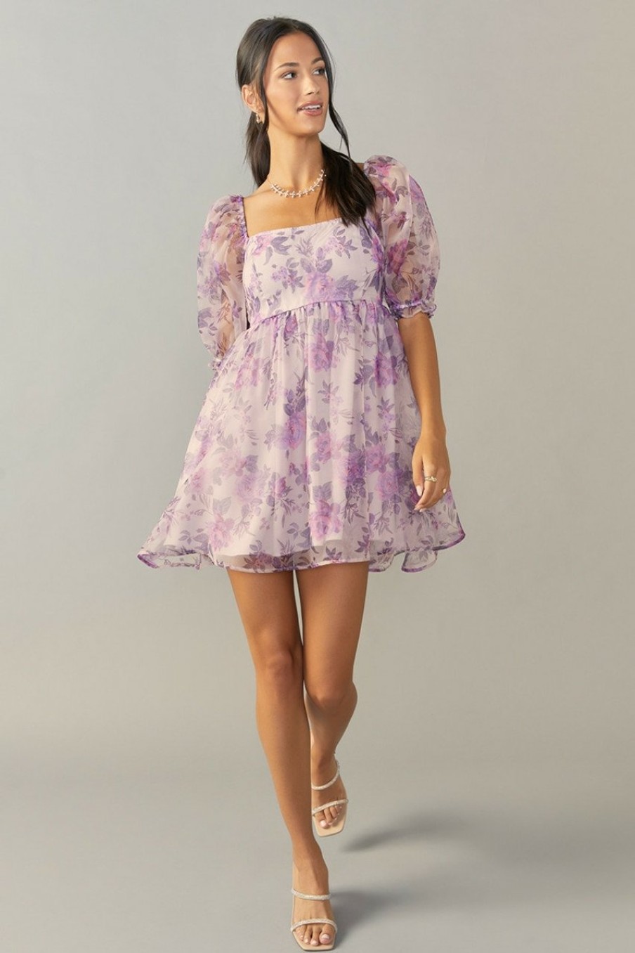 Francesca's Penelope Floral Organza Babydoll Mini Dress Lavender Dresses