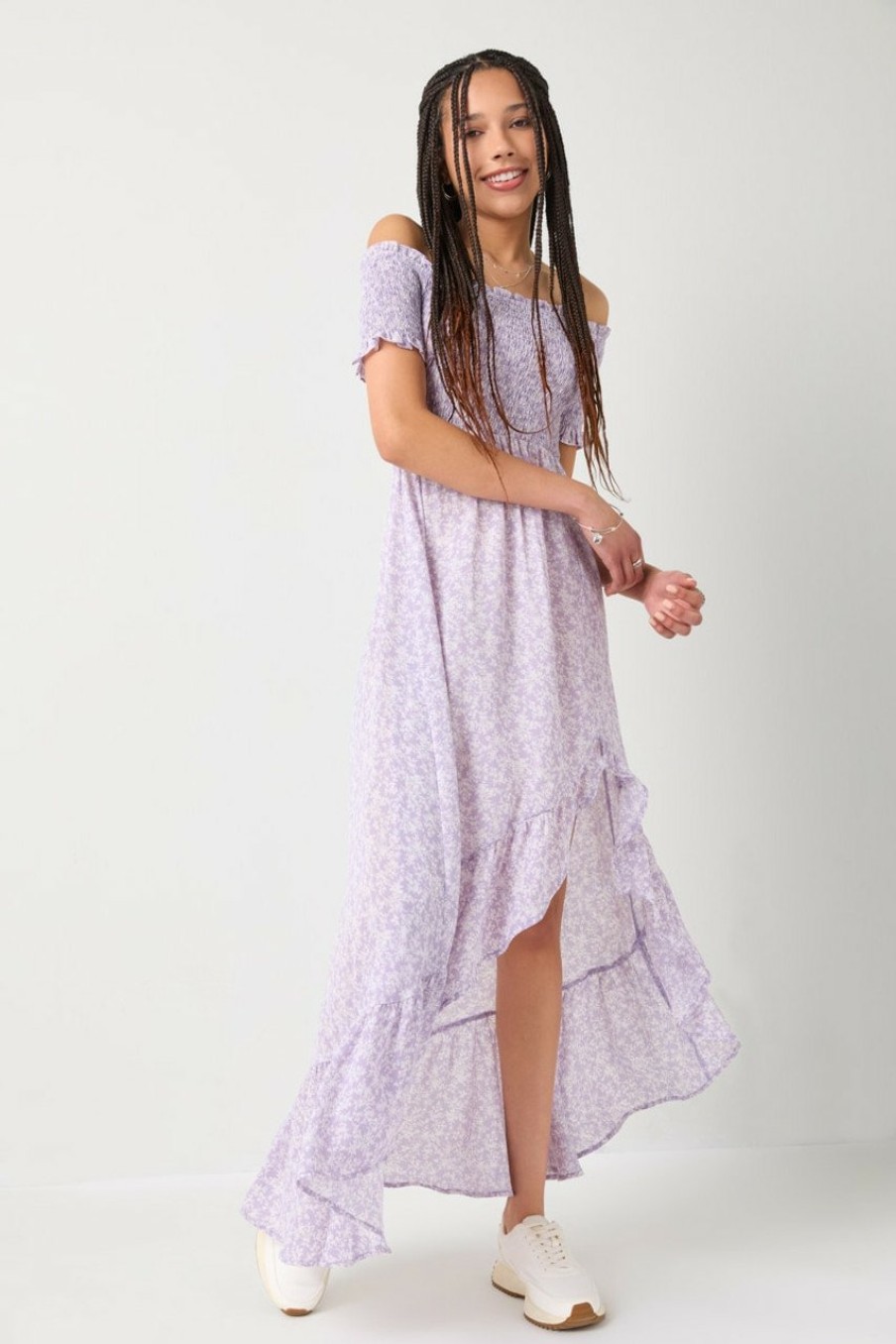 Francesca's Perdita Off Shoulder Ditsy Floral Maxi Dress Lavender Dresses