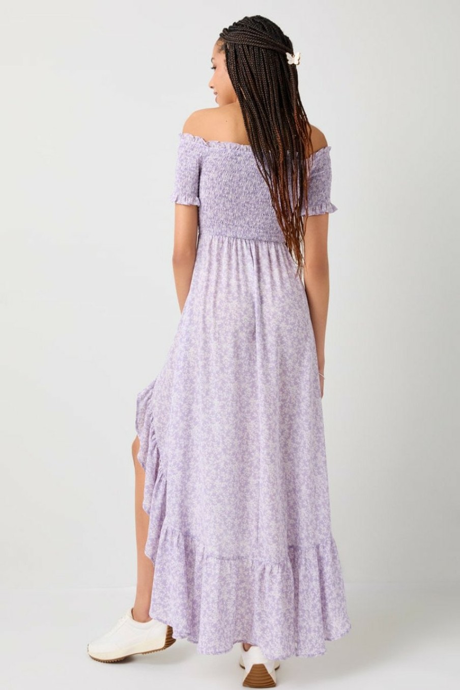 Francesca's Perdita Off Shoulder Ditsy Floral Maxi Dress Lavender Dresses