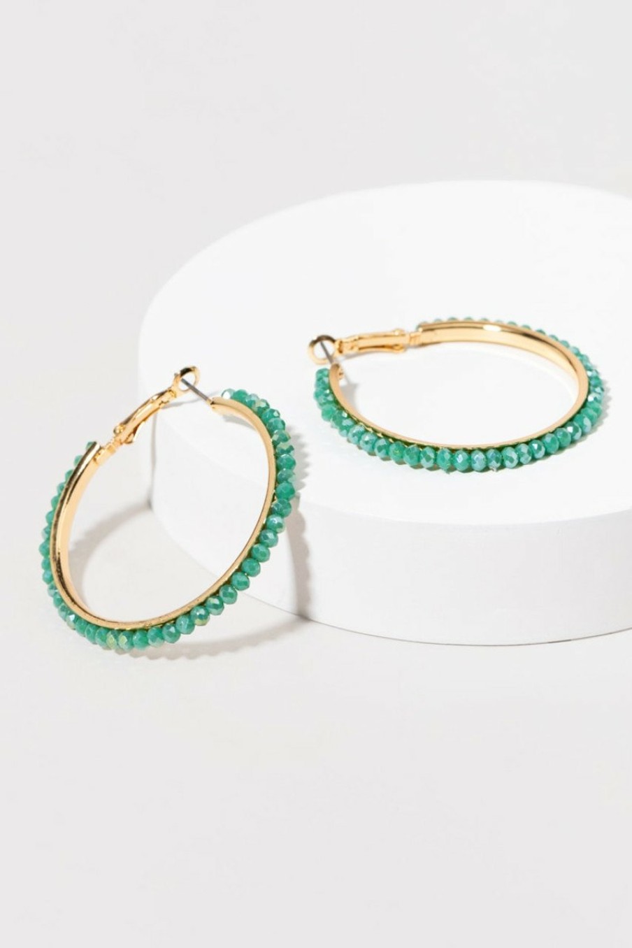 Francesca's Angela Glass Bead Lined Large Hoops Teal Earrings