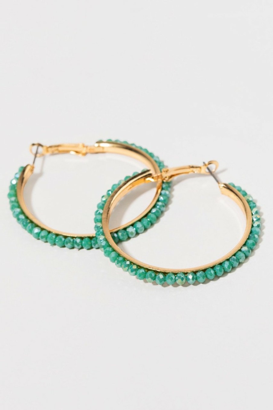 Francesca's Angela Glass Bead Lined Large Hoops Teal Earrings