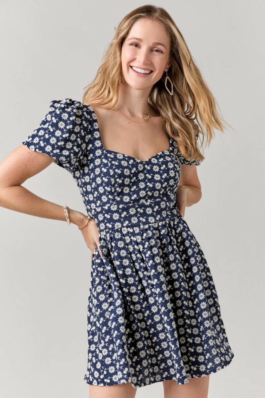 Francesca's Lillian Embroidered Sweetheart Dress Navy Dresses