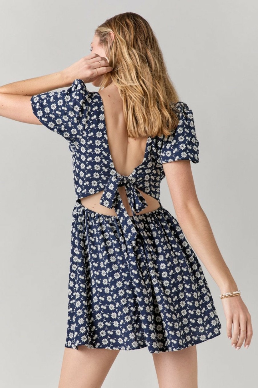 Francesca's Lillian Embroidered Sweetheart Dress Navy Dresses