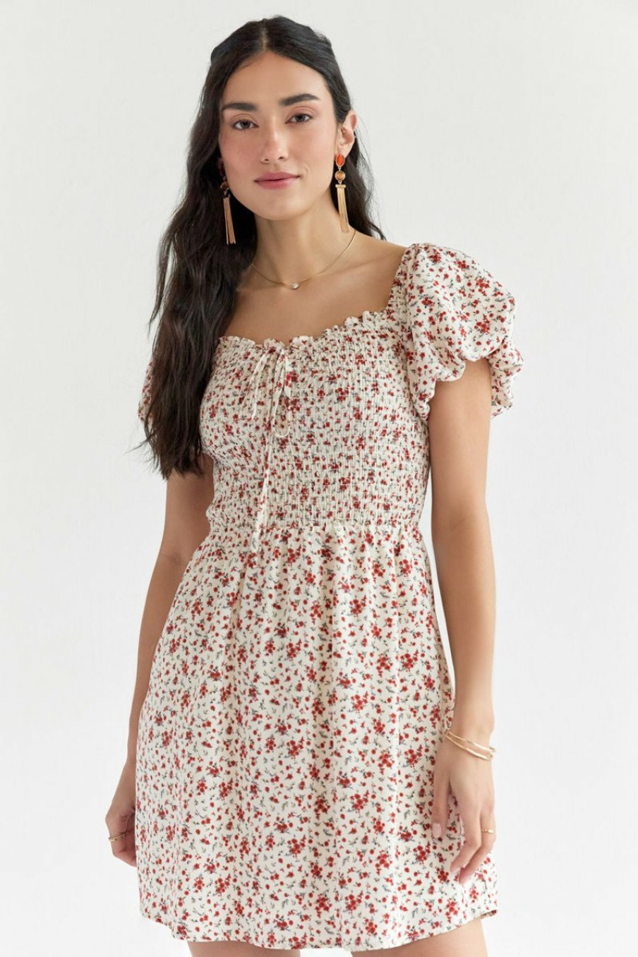 Francesca's Marleen Smocked Upper Floral Dress Ivory Dresses