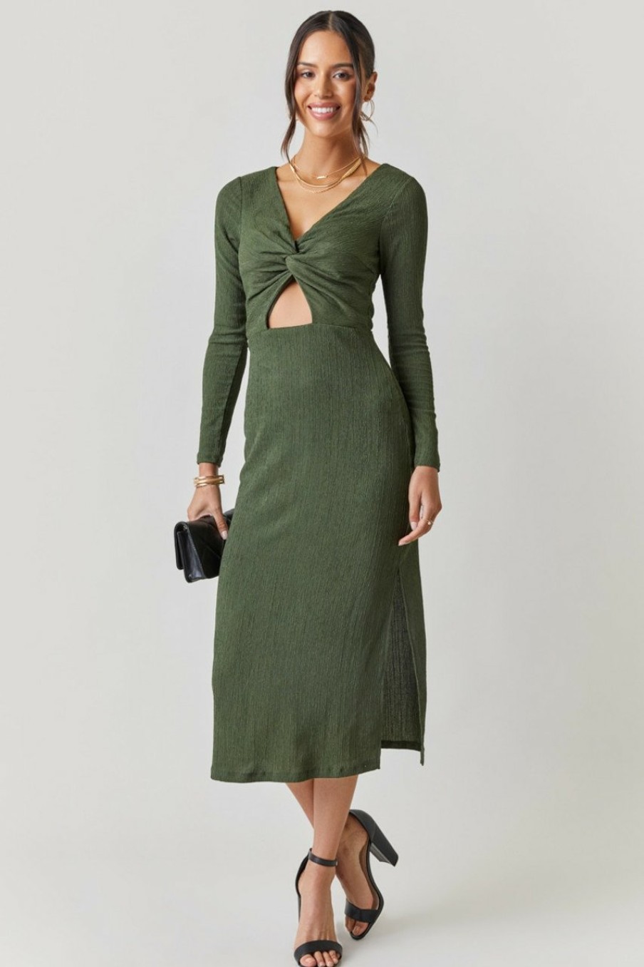 Francesca's Cali Twist Front Midi Dress Olive Green Dresses