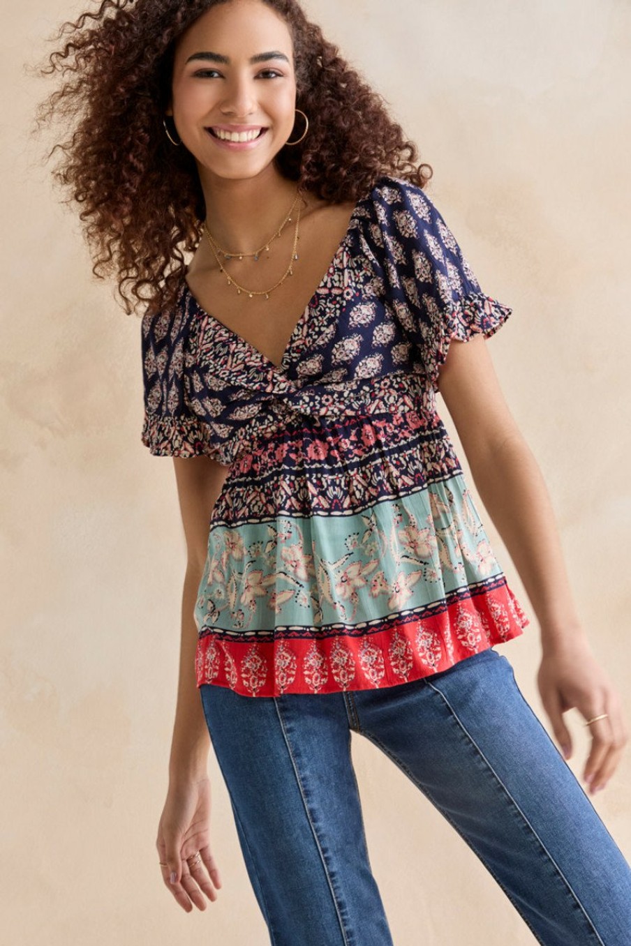 Francesca's Belle Print Tiered Blouse Multi Tops