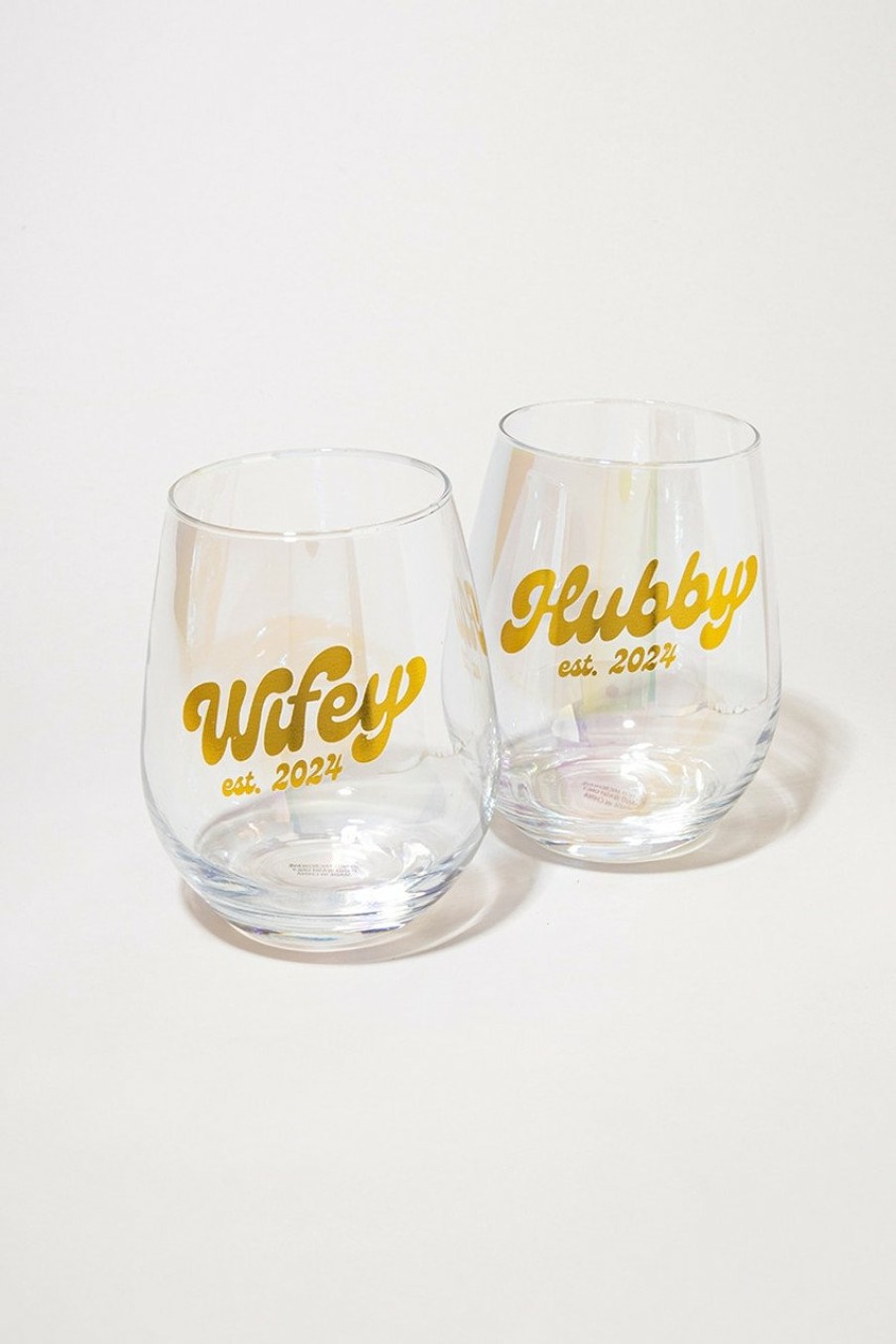 Francesca's Wifey Hubby Wine Glasses Set Iridescent Drinkware