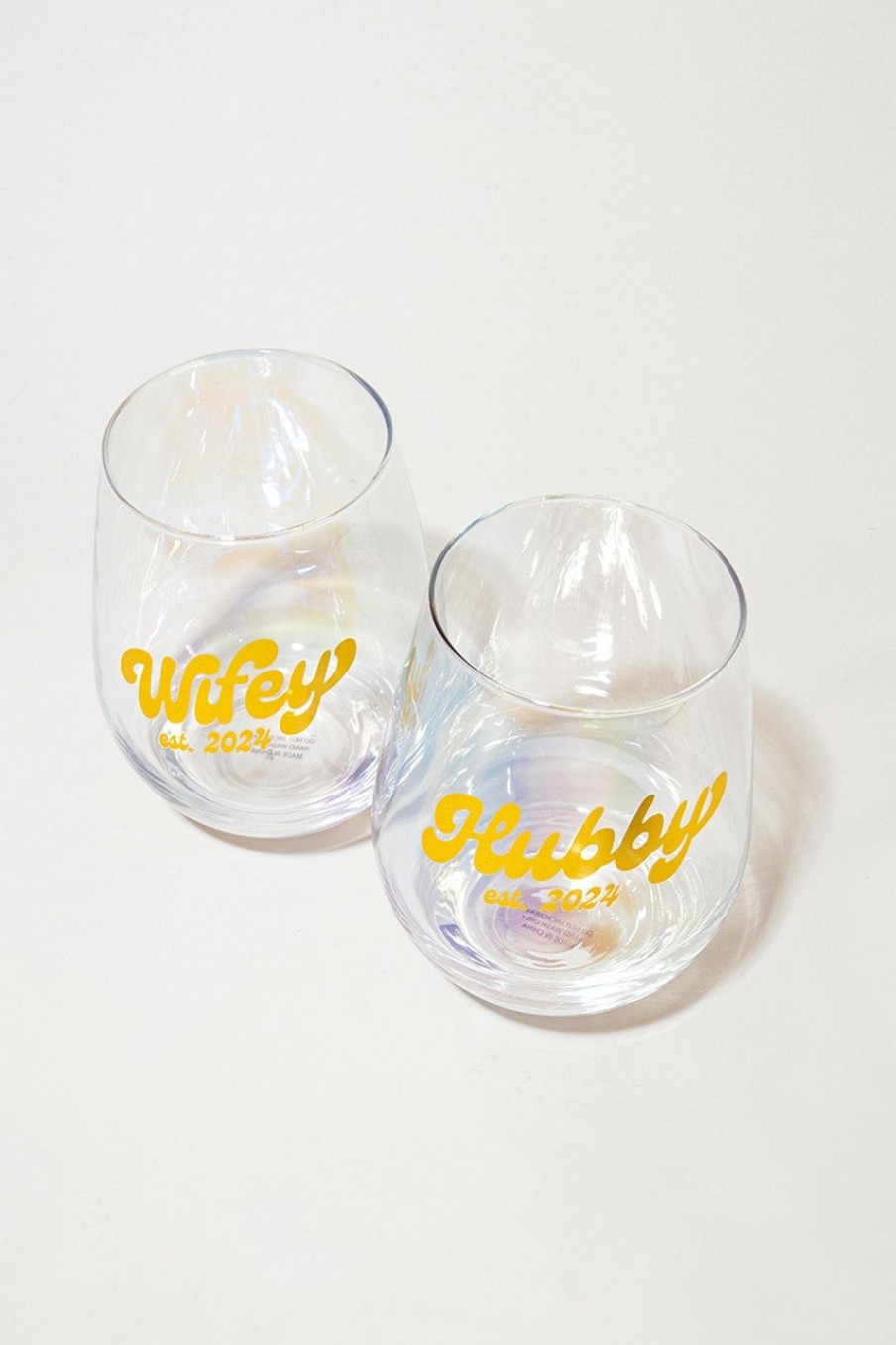 Francesca's Wifey Hubby Wine Glasses Set Iridescent Drinkware