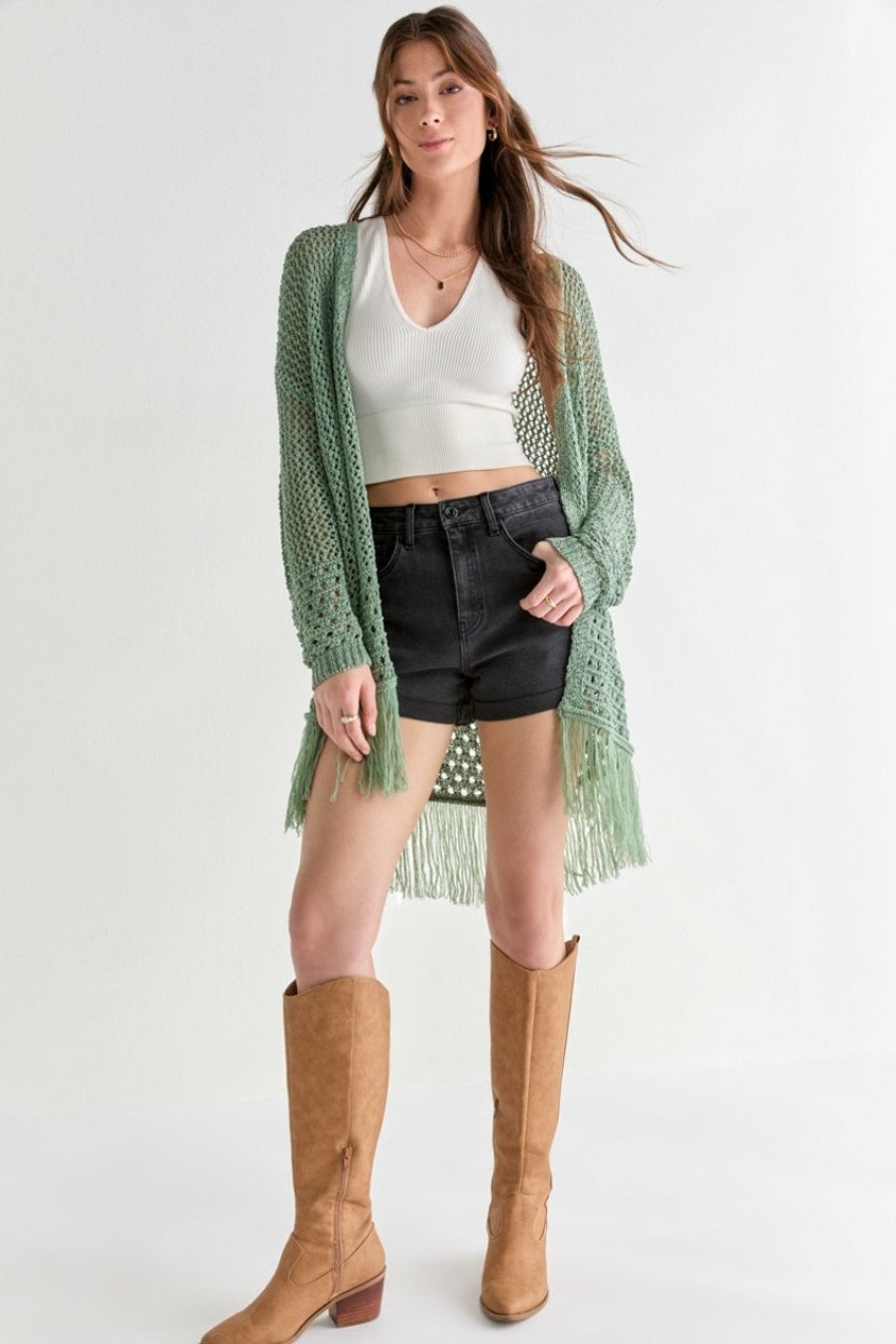 Francesca's Natille Open Stitch Long Cardigan Tops