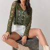 Francesca's Loretta Button Down Crochet Cardigan Olive Green Tops