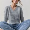 Francesca's Leona V Neck Cable Front Pullover Gray Tops