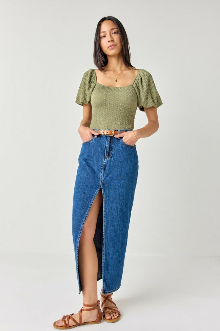 Francesca's Dena Front Slit Denim Maxi Skirt Dark Skirts