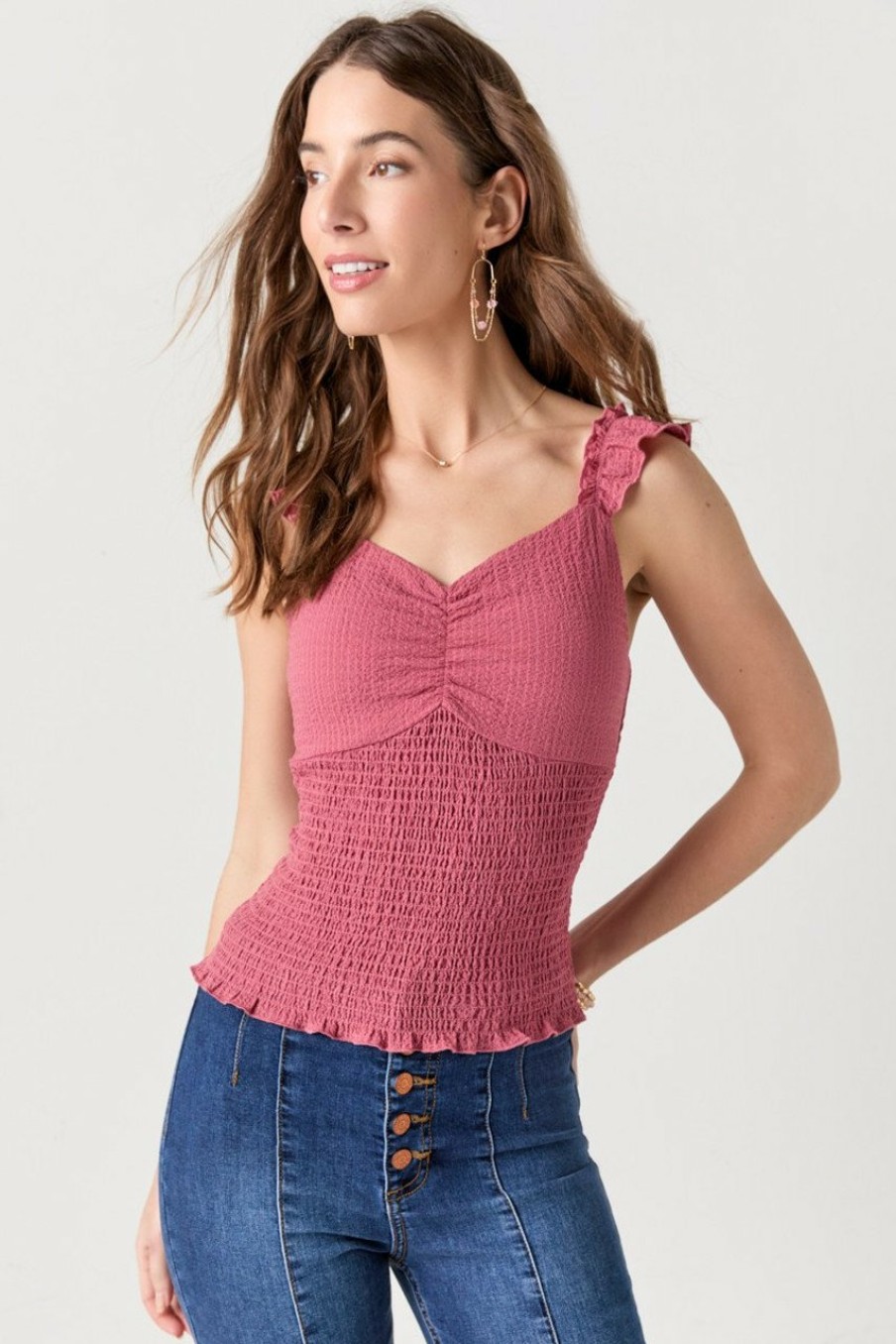 Francesca's Tatiana Crinkle Tank Top Mauve Tops