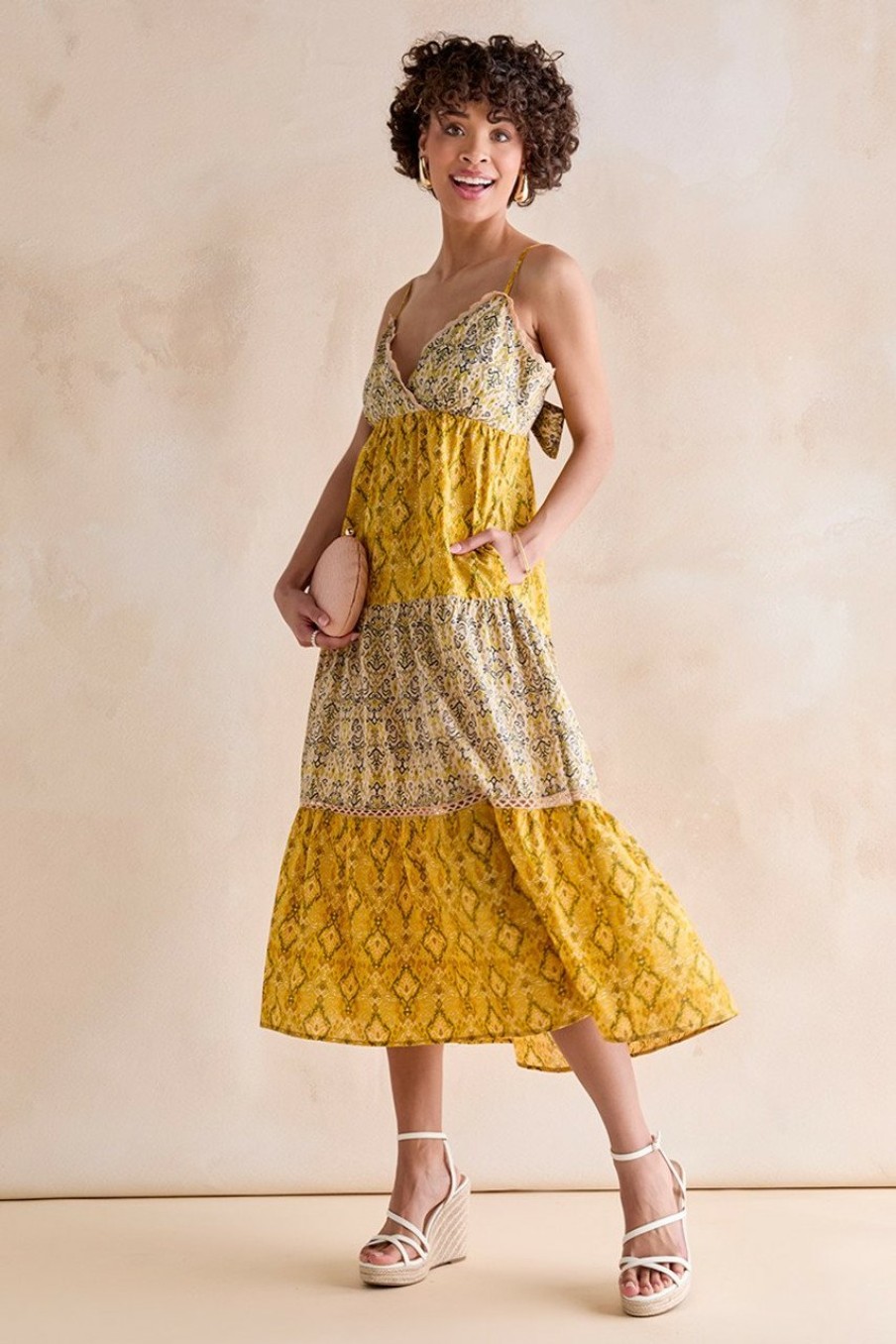 Francesca's Bella Bow Back Tiered Midi Dress Yellow Dresses